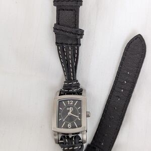 Roots Black Leather Watch with Textured Strap